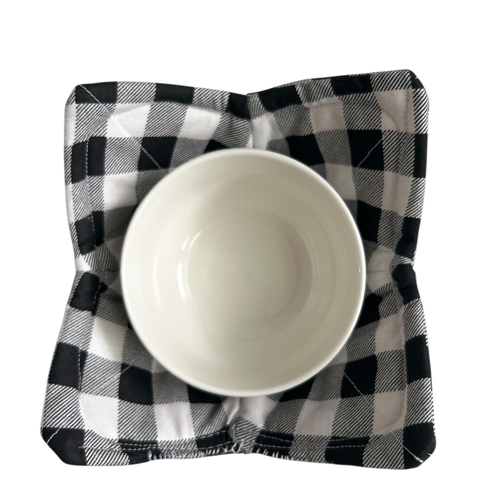 Hand Crafted Black and White Buffalo Plaid Microwave Small Bowl Cozy 100% Cotton